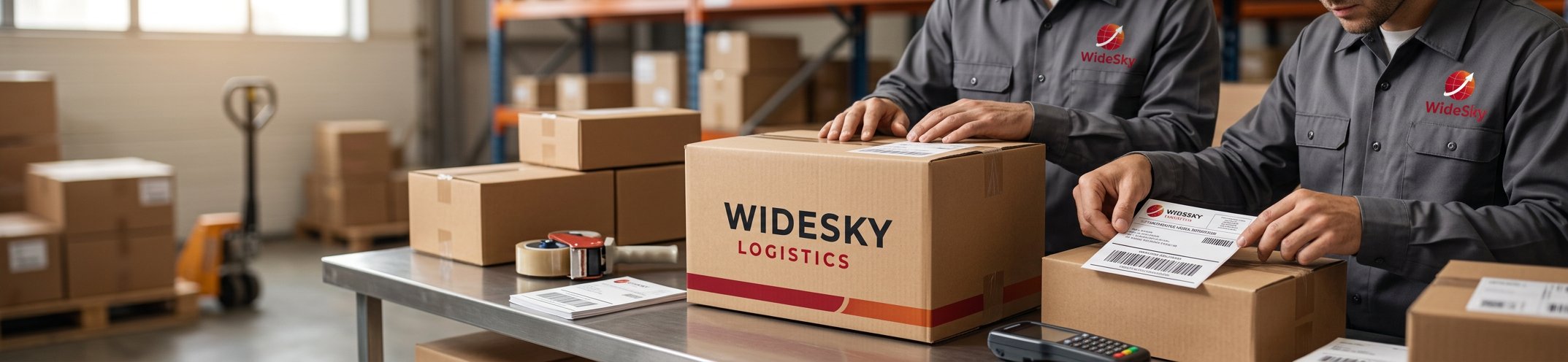 WideSky Logistics staff labelling parcels for dispatch